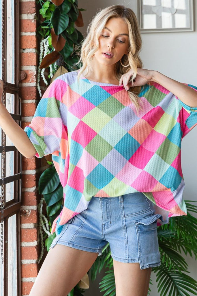 HOPELY Color Block Waffle Oversized T-Shirt-Timber Brooke Boutique, Online Women's Fashion Boutique in Amarillo, Texas