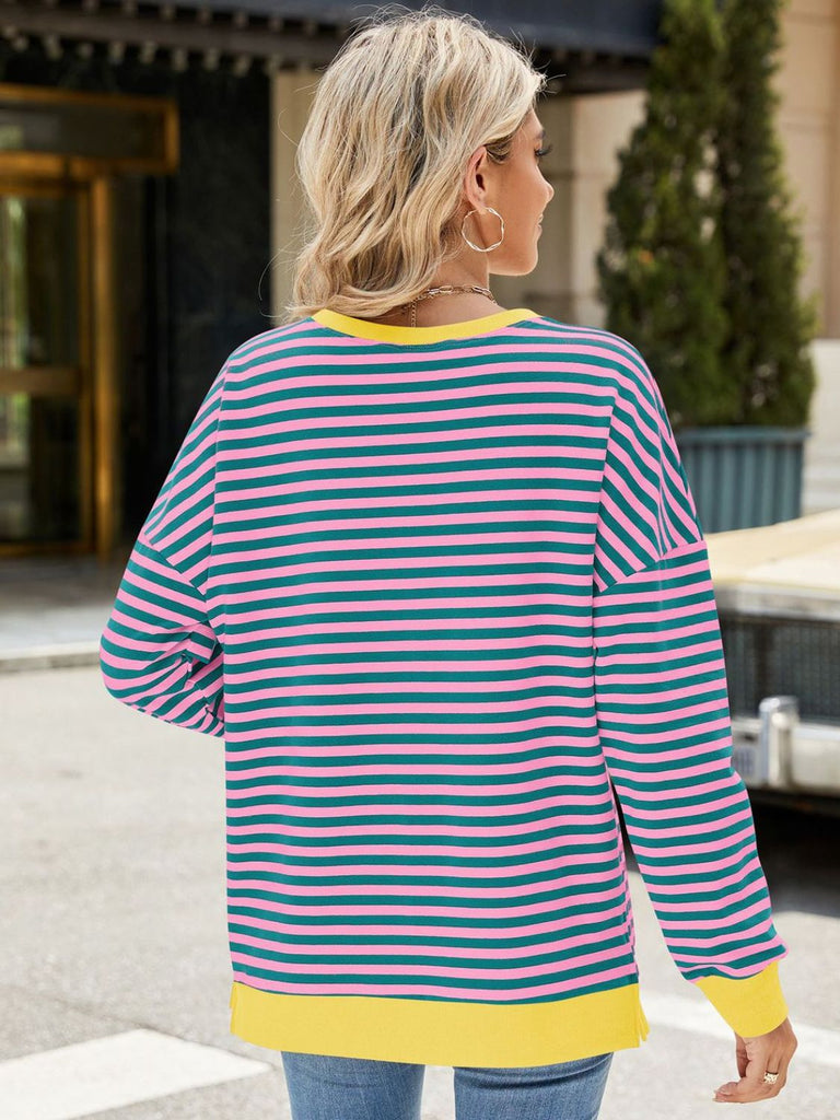 Slit Striped Round Neck Long Sleeve Sweatshirt-Timber Brooke Boutique, Online Women's Fashion Boutique in Amarillo, Texas