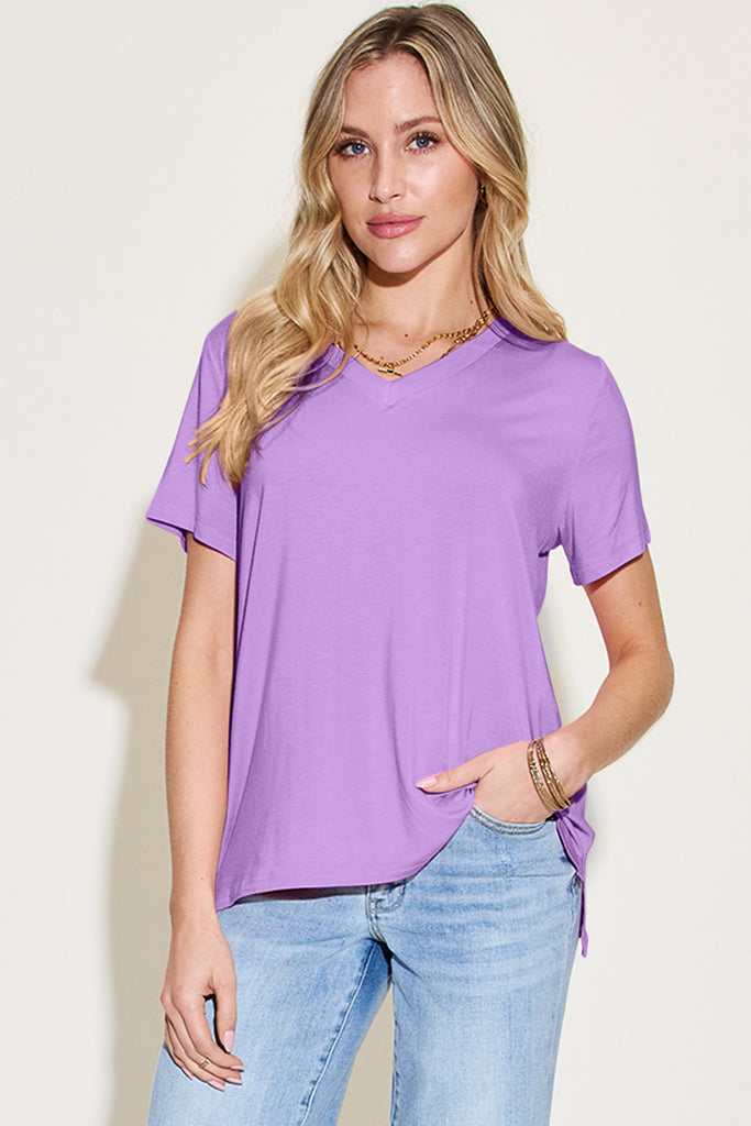 Basic Bae Bamboo Full Size V-Neck High-Low T-Shirt-Timber Brooke Boutique, Online Women's Fashion Boutique in Amarillo, Texas