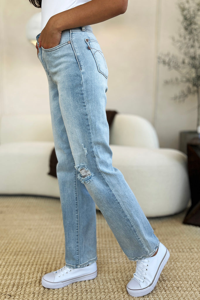 Judy Blue Full Size High Waist Distressed Straight Jeans-Timber Brooke Boutique, Online Women's Fashion Boutique in Amarillo, Texas