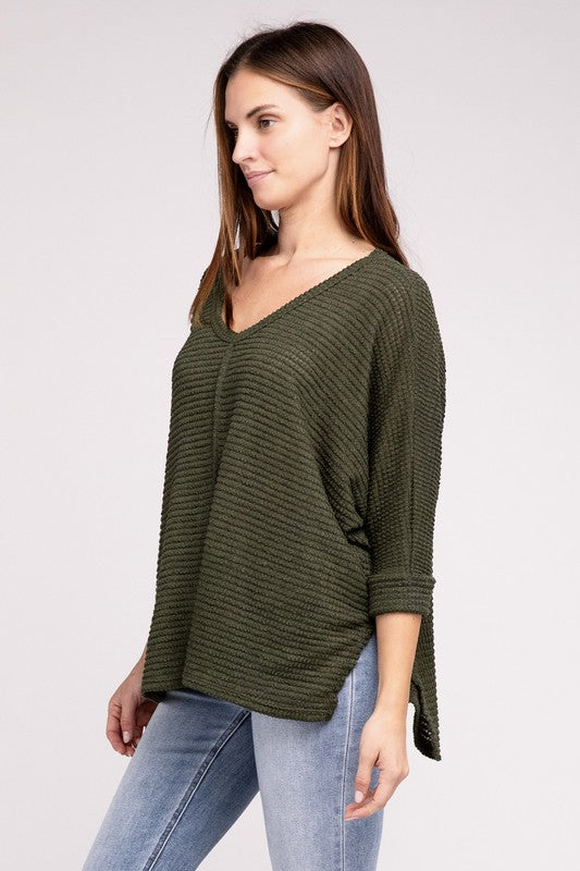 3/4 Sleeve V-Neck Hi-Low Hem Jacquard Sweater-Timber Brooke Boutique, Online Women's Fashion Boutique in Amarillo, Texas