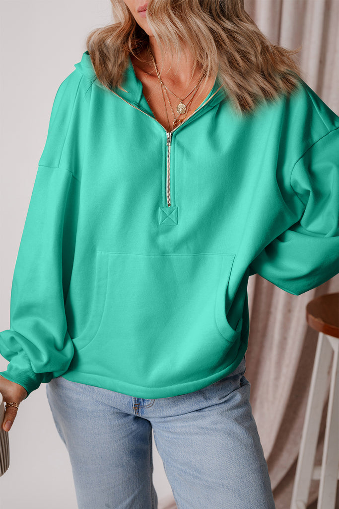 Pocketed Half Zip Dropped Shoulder Hoodie-Timber Brooke Boutique, Online Women's Fashion Boutique in Amarillo, Texas