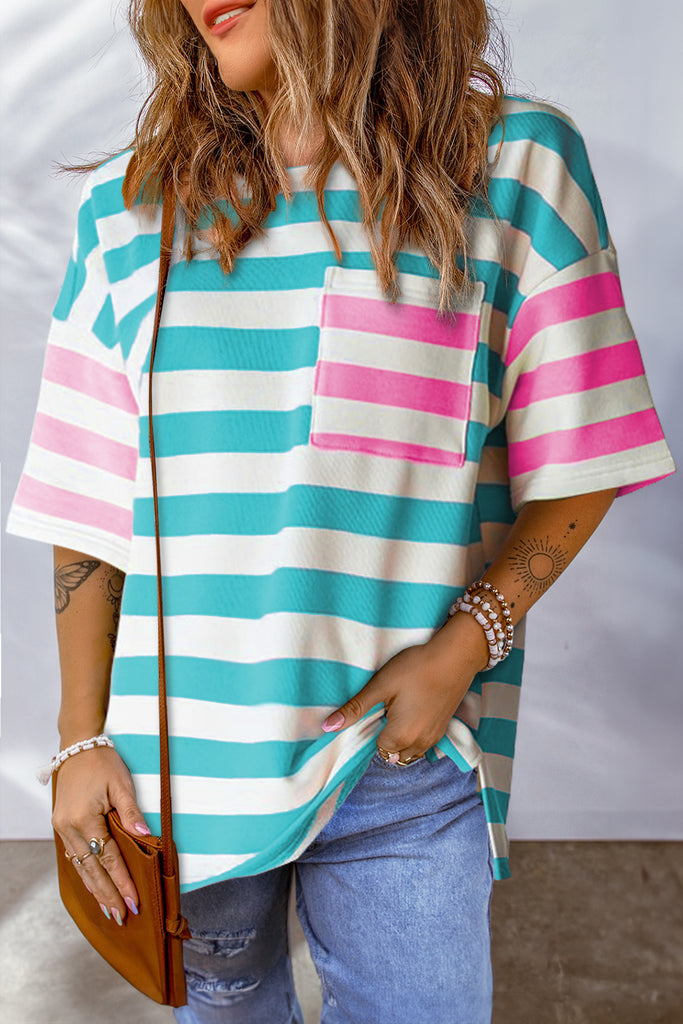 Striped Round Neck Half Sleeve T-Shirt-Timber Brooke Boutique, Online Women's Fashion Boutique in Amarillo, Texas