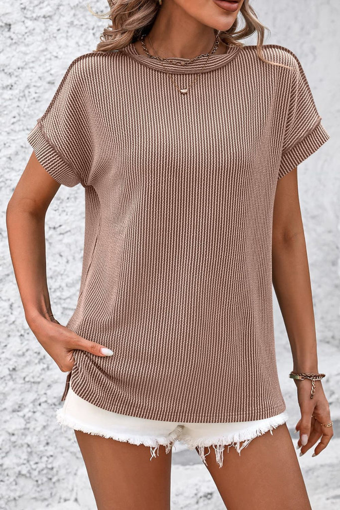 Striped Round Neck Short Sleeve T-Shirt-Timber Brooke Boutique, Online Women's Fashion Boutique in Amarillo, Texas