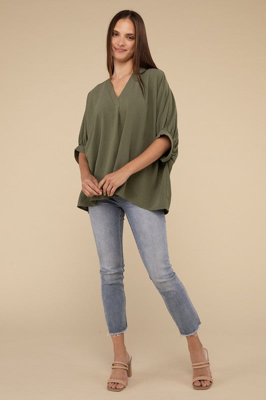 Woven Airflow V-Neck Puff Half Sleeve Top-Timber Brooke Boutique, Online Women's Fashion Boutique in Amarillo, Texas