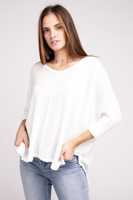 3/4 Sleeve V-Neck Hi-Low Hem Jacquard Sweater-Timber Brooke Boutique, Online Women's Fashion Boutique in Amarillo, Texas