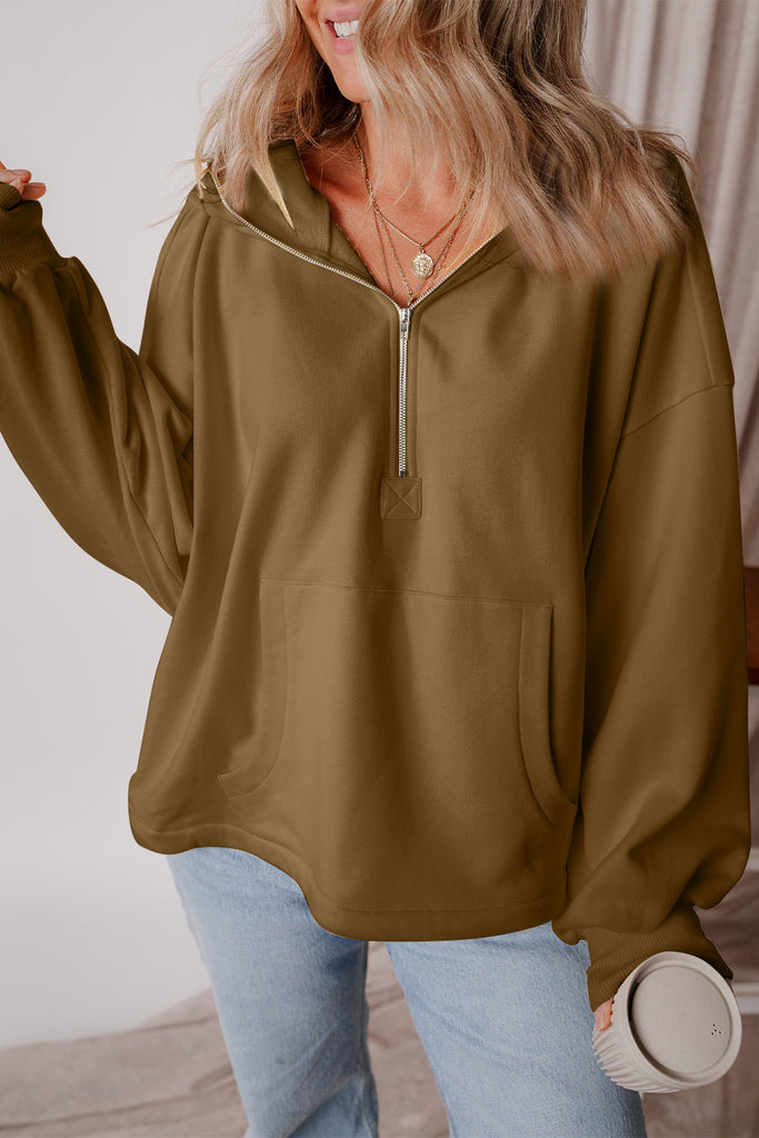 Pocketed Half Zip Dropped Shoulder Hoodie-Timber Brooke Boutique, Online Women's Fashion Boutique in Amarillo, Texas