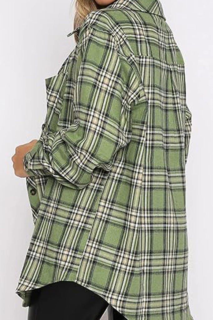 Plaid Collared Neck Long Sleeve Shirt-Timber Brooke Boutique, Online Women's Fashion Boutique in Amarillo, Texas