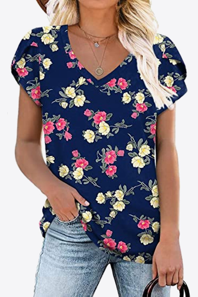 Printed Petal Sleeve V-Neck Blouse-Timber Brooke Boutique, Online Women's Fashion Boutique in Amarillo, Texas