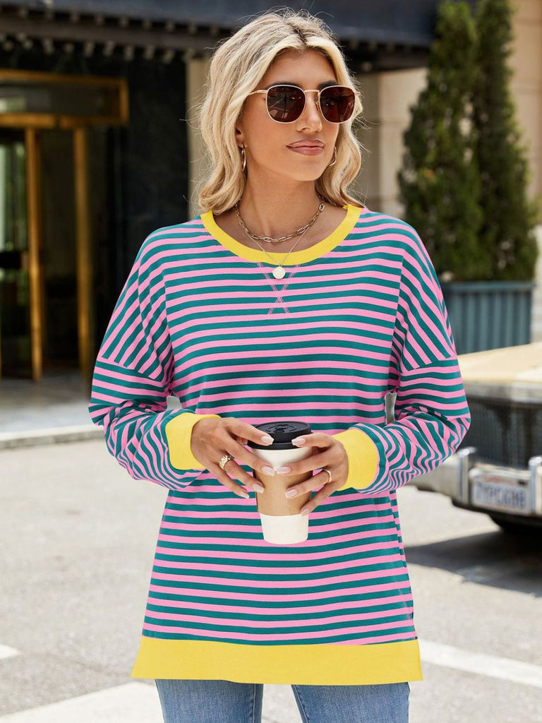 Slit Striped Round Neck Long Sleeve Sweatshirt-Timber Brooke Boutique, Online Women's Fashion Boutique in Amarillo, Texas