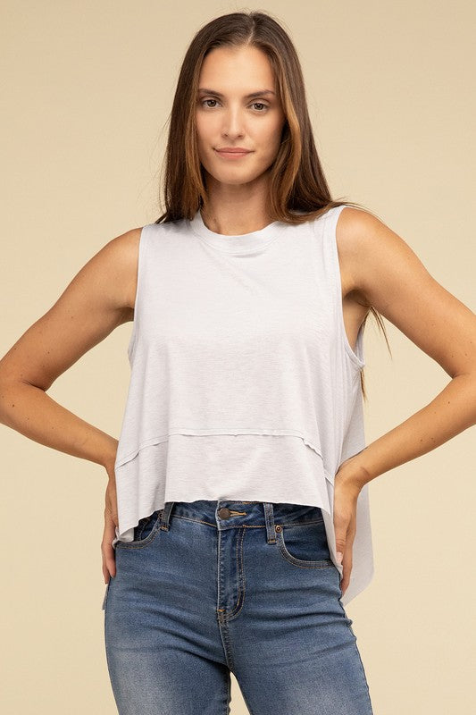 Shark Bite Side Slit Short Sleeveless Top-Timber Brooke Boutique, Online Women's Fashion Boutique in Amarillo, Texas