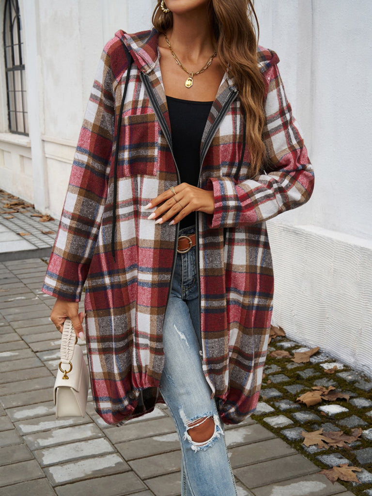 Plaid Zip Up Hooded Coat-Timber Brooke Boutique, Online Women's Fashion Boutique in Amarillo, Texas