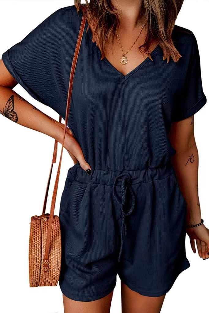 Full Size Drawstring V-Neck Short Sleeve Romper-Timber Brooke Boutique, Online Women's Fashion Boutique in Amarillo, Texas