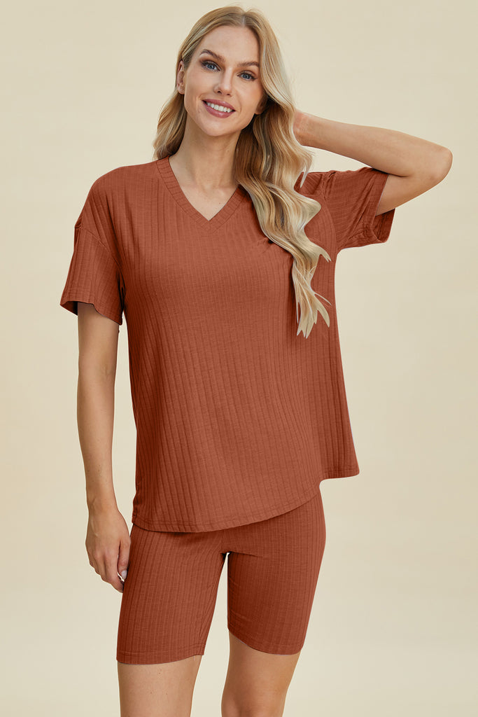 Basic Bae Full Size Ribbed V-Neck Short Sleeve Top and Shorts Set-Timber Brooke Boutique, Online Women's Fashion Boutique in Amarillo, Texas