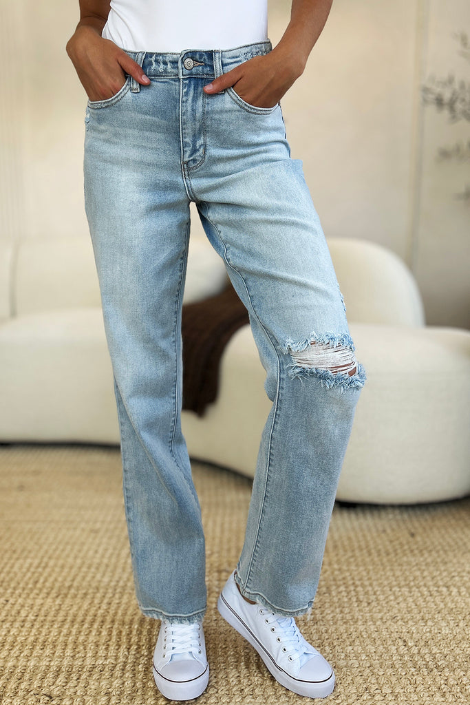 Judy Blue Full Size High Waist Distressed Straight Jeans-Timber Brooke Boutique, Online Women's Fashion Boutique in Amarillo, Texas