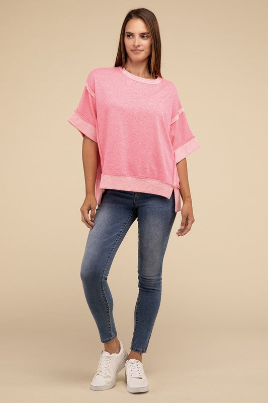 Contrast Trim Top Stitching Drop Shoulder Top-Timber Brooke Boutique, Online Women's Fashion Boutique in Amarillo, Texas