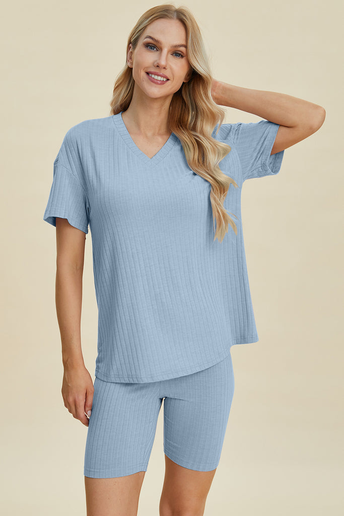 Basic Bae Full Size Ribbed V-Neck Short Sleeve Top and Shorts Set-Timber Brooke Boutique, Online Women's Fashion Boutique in Amarillo, Texas