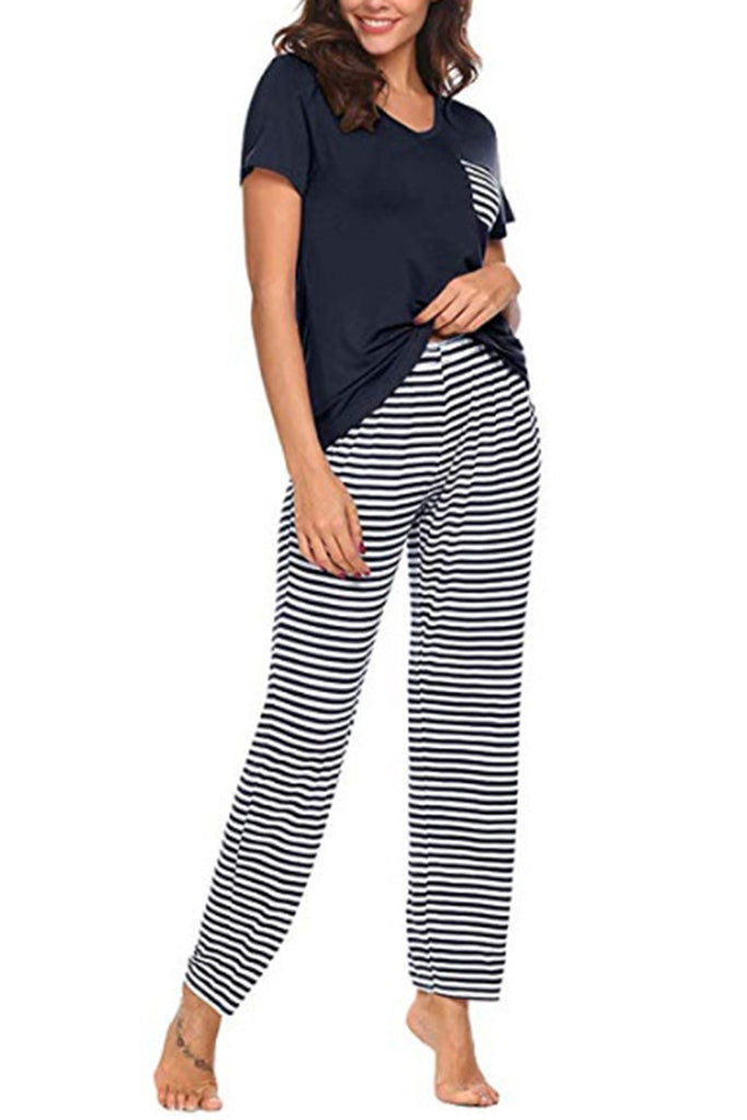 Pocketed Short Sleeve Top and Striped Pants Lounge Set-Timber Brooke Boutique, Online Women's Fashion Boutique in Amarillo, Texas