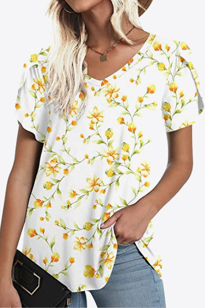 Printed Petal Sleeve V-Neck Blouse-Timber Brooke Boutique, Online Women's Fashion Boutique in Amarillo, Texas