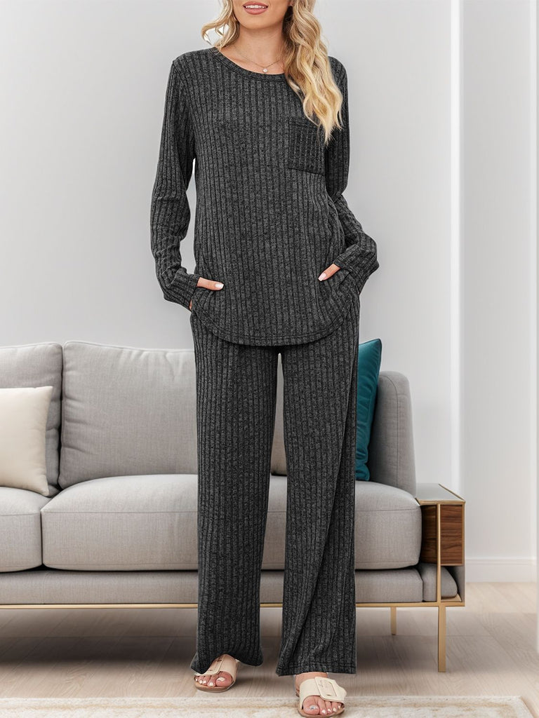 Round Neck Long Sleeve Top and Pants Set-Timber Brooke Boutique, Online Women's Fashion Boutique in Amarillo, Texas