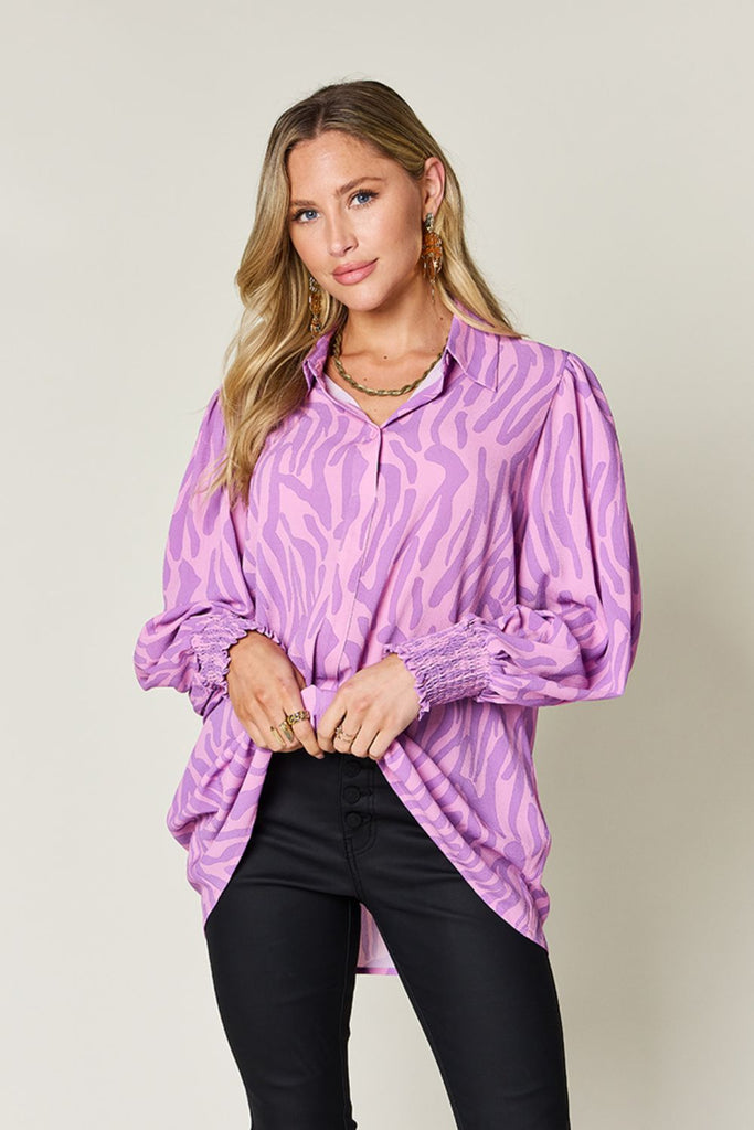 Double Take Full Size Printed Smocked Long Sleeve Blouse-Timber Brooke Boutique, Online Women's Fashion Boutique in Amarillo, Texas