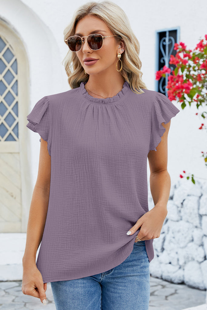 Ruffled Round Neck Cap Sleeve Blouse-Timber Brooke Boutique, Online Women's Fashion Boutique in Amarillo, Texas