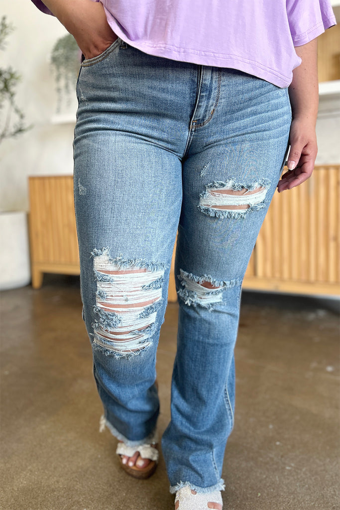 Judy Blue Full Size Distressed Raw Hem Bootcut Jeans-Timber Brooke Boutique, Online Women's Fashion Boutique in Amarillo, Texas