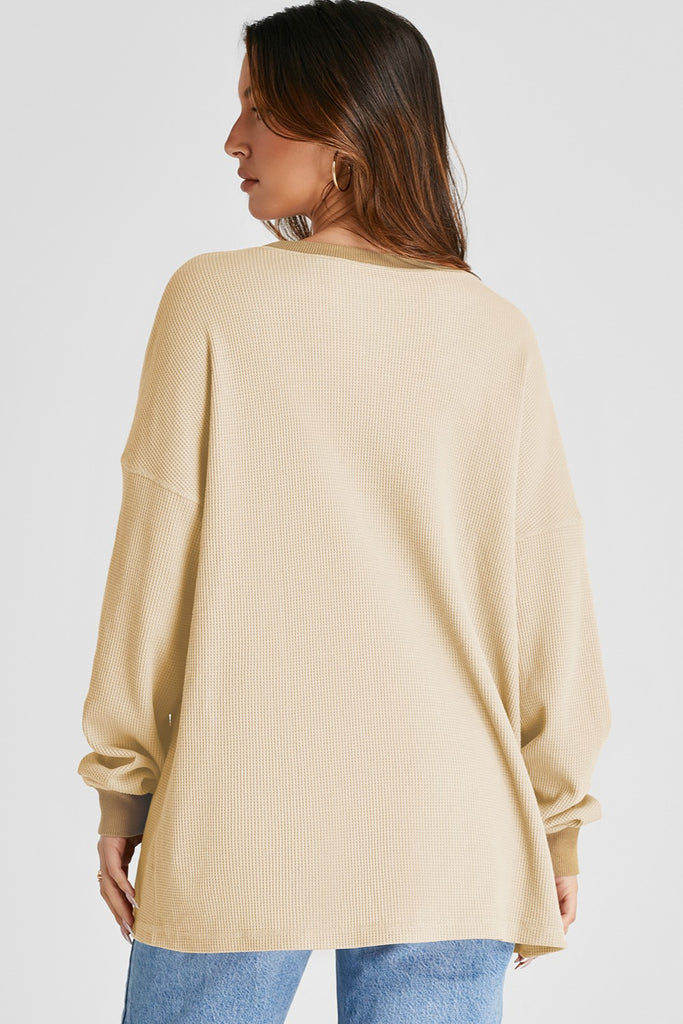 Waffle-Knit Long Sleeve Sweatshirt-Timber Brooke Boutique, Online Women's Fashion Boutique in Amarillo, Texas