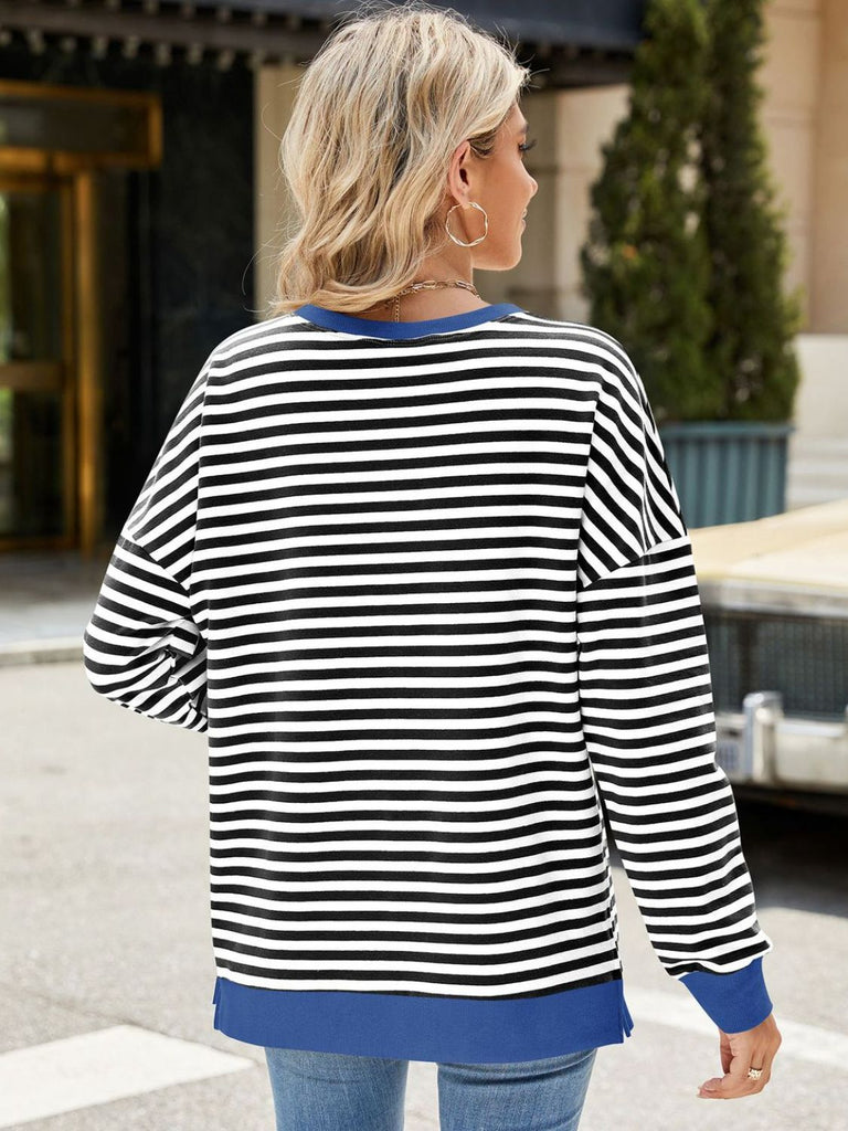 Slit Striped Round Neck Long Sleeve Sweatshirt-Timber Brooke Boutique, Online Women's Fashion Boutique in Amarillo, Texas