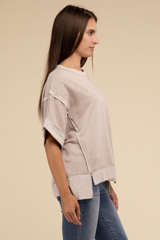 Contrast Trim Top Stitching Drop Shoulder Top-Timber Brooke Boutique, Online Women's Fashion Boutique in Amarillo, Texas