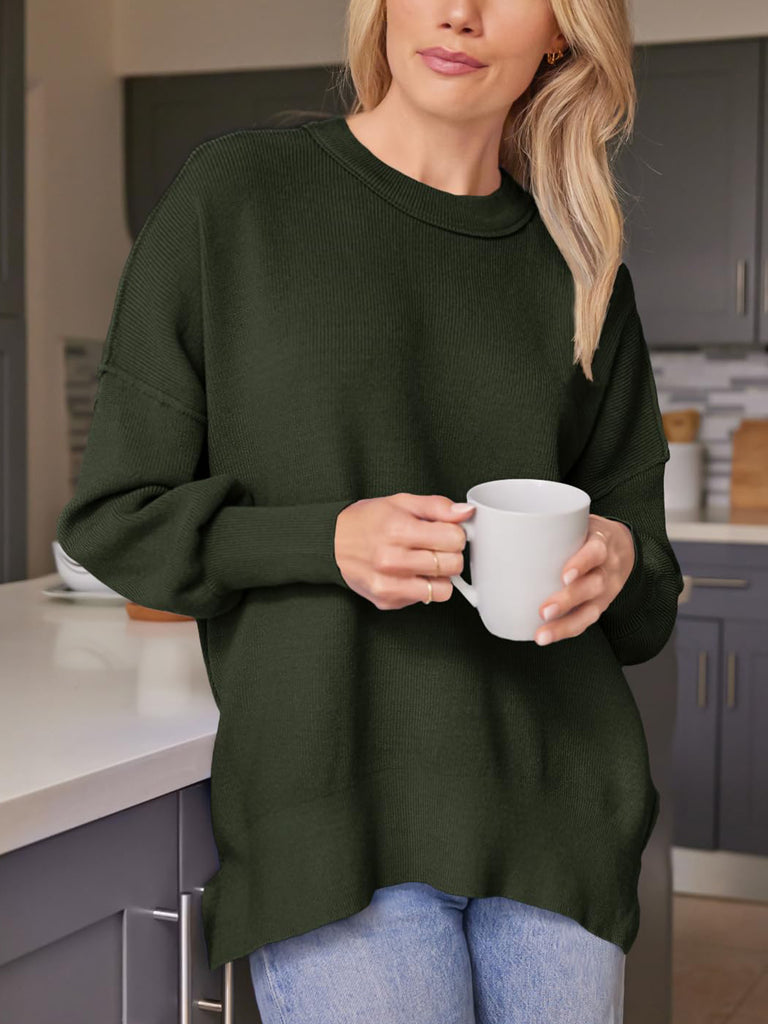 Slit Round Neck Dropped Shoulder Sweater-Timber Brooke Boutique, Online Women's Fashion Boutique in Amarillo, Texas