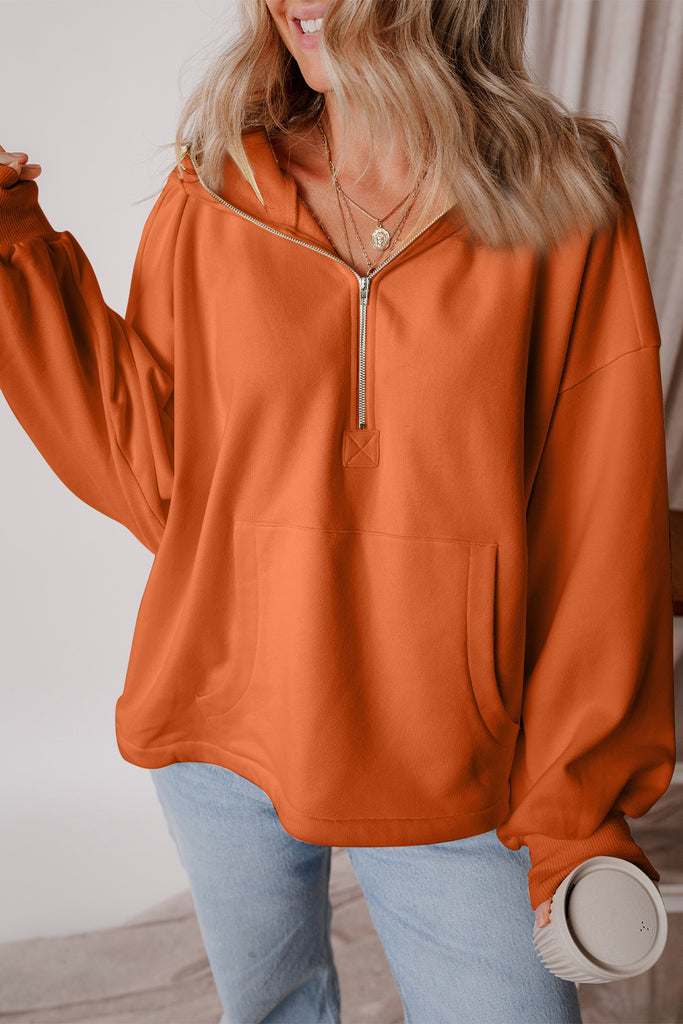 Pocketed Half Zip Dropped Shoulder Hoodie-Timber Brooke Boutique, Online Women's Fashion Boutique in Amarillo, Texas