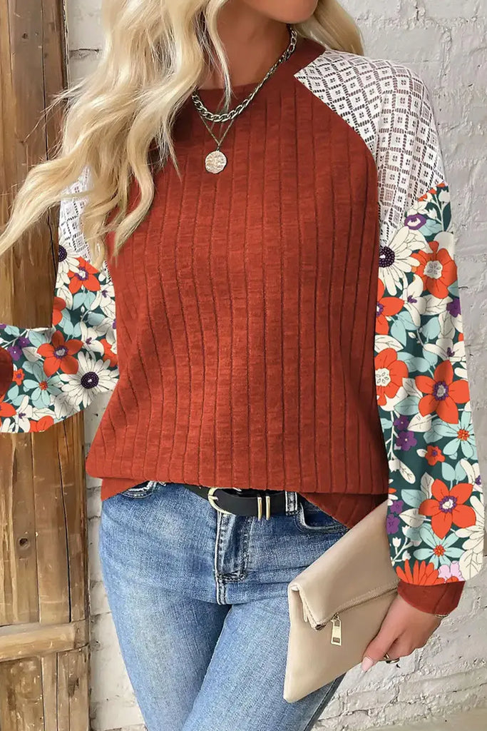 Printed Round Neck Long Sleeve Top-Timber Brooke Boutique, Online Women's Fashion Boutique in Amarillo, Texas