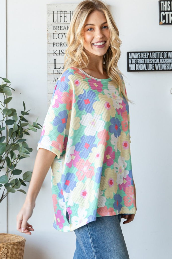 HOPELY Floral Waffle Oversized T-Shirt-Timber Brooke Boutique, Online Women's Fashion Boutique in Amarillo, Texas