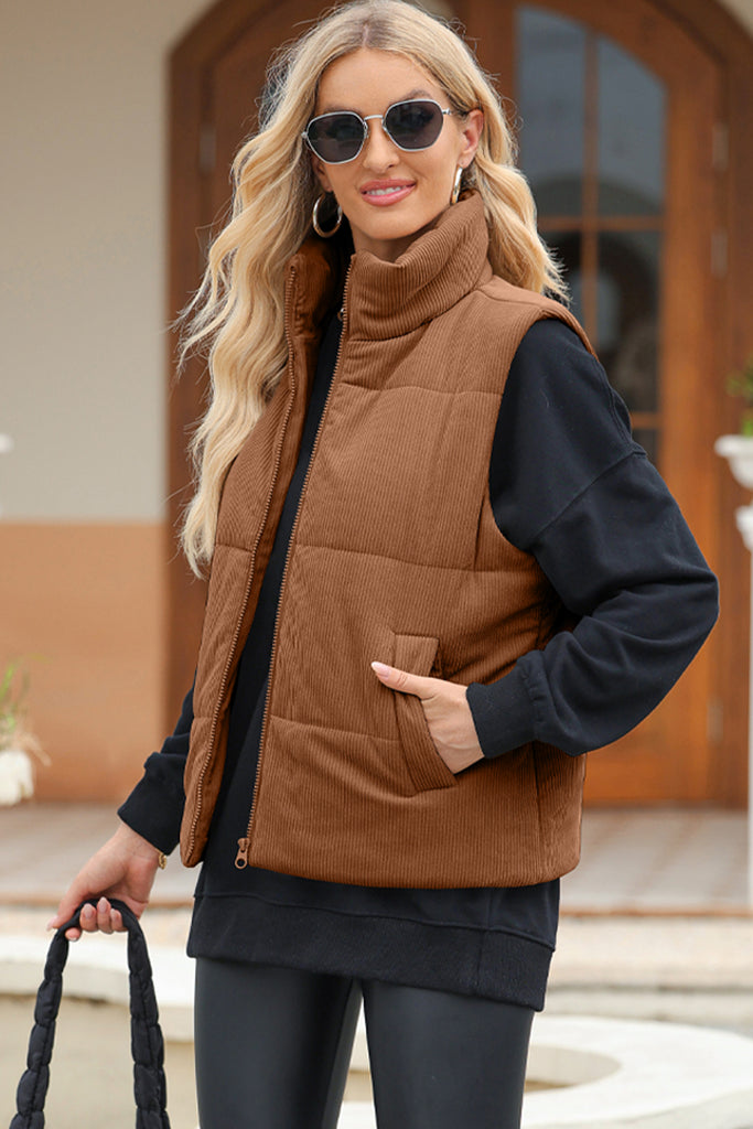 Pocketed Zip Up Turtleneck Vest Coat-Timber Brooke Boutique, Online Women's Fashion Boutique in Amarillo, Texas