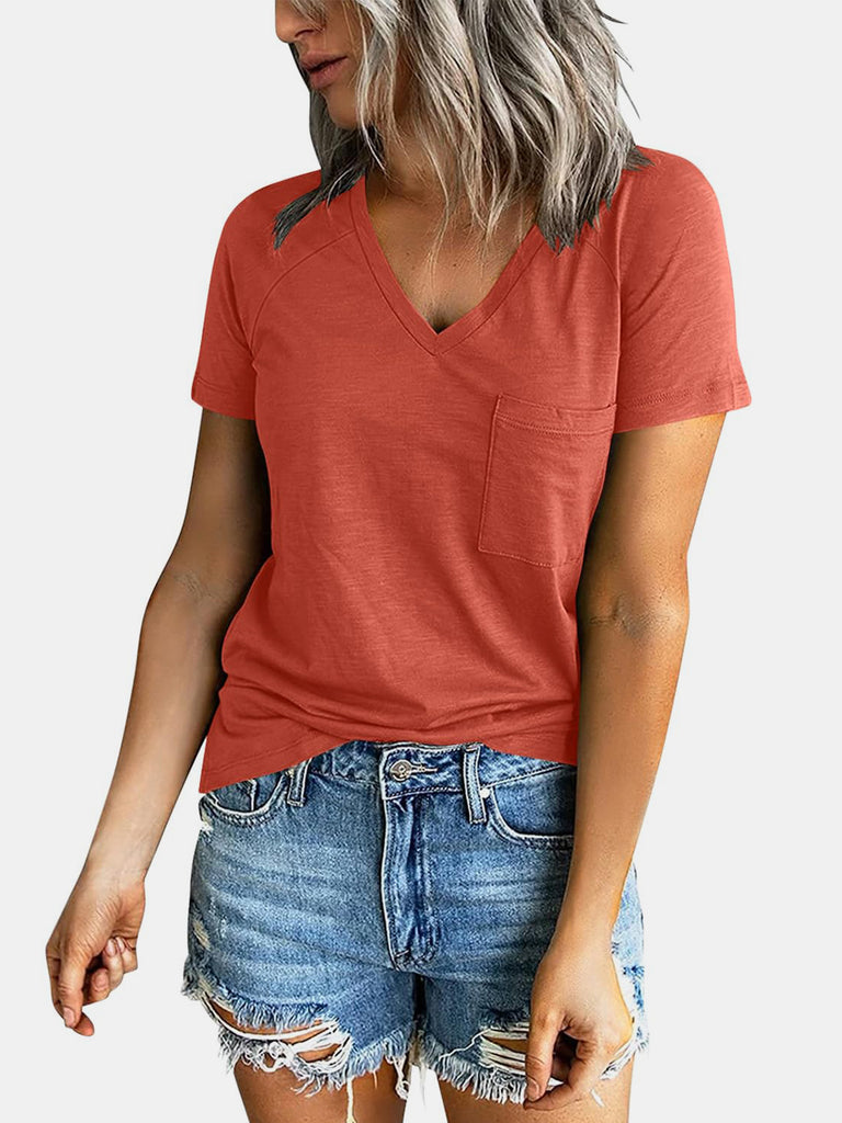 Pocketed V-Neck Short Sleeve T-Shirt-Timber Brooke Boutique, Online Women's Fashion Boutique in Amarillo, Texas