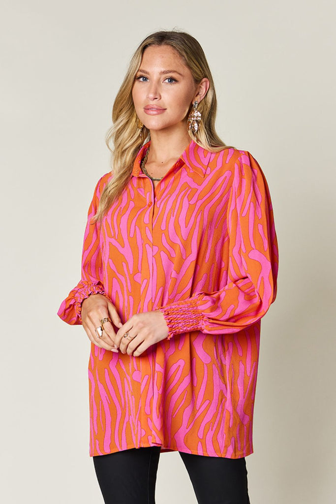 Double Take Full Size Printed Smocked Long Sleeve Blouse-Timber Brooke Boutique, Online Women's Fashion Boutique in Amarillo, Texas