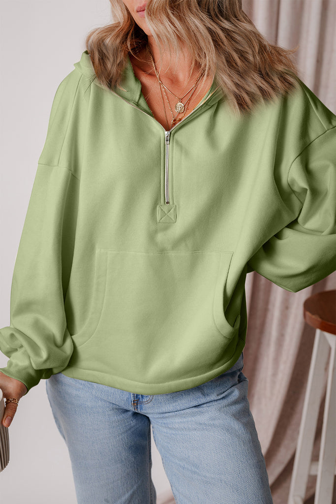 Pocketed Half Zip Dropped Shoulder Hoodie-Timber Brooke Boutique, Online Women's Fashion Boutique in Amarillo, Texas