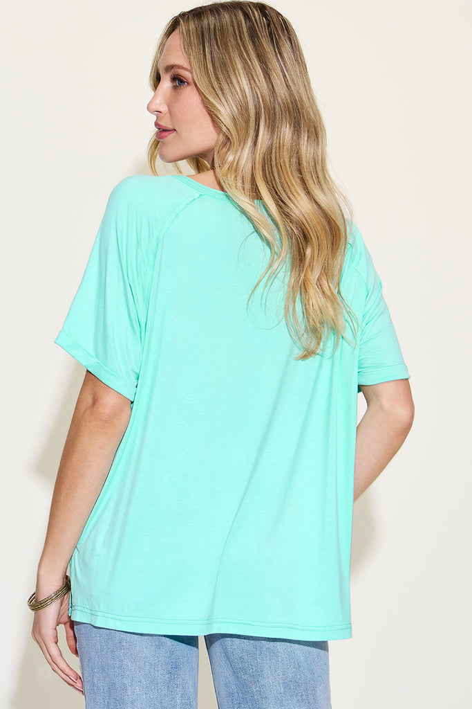Basic Bae Full Size Bamboo Slit V-Neck Short Sleeve T-Shirt-Timber Brooke Boutique, Online Women's Fashion Boutique in Amarillo, Texas