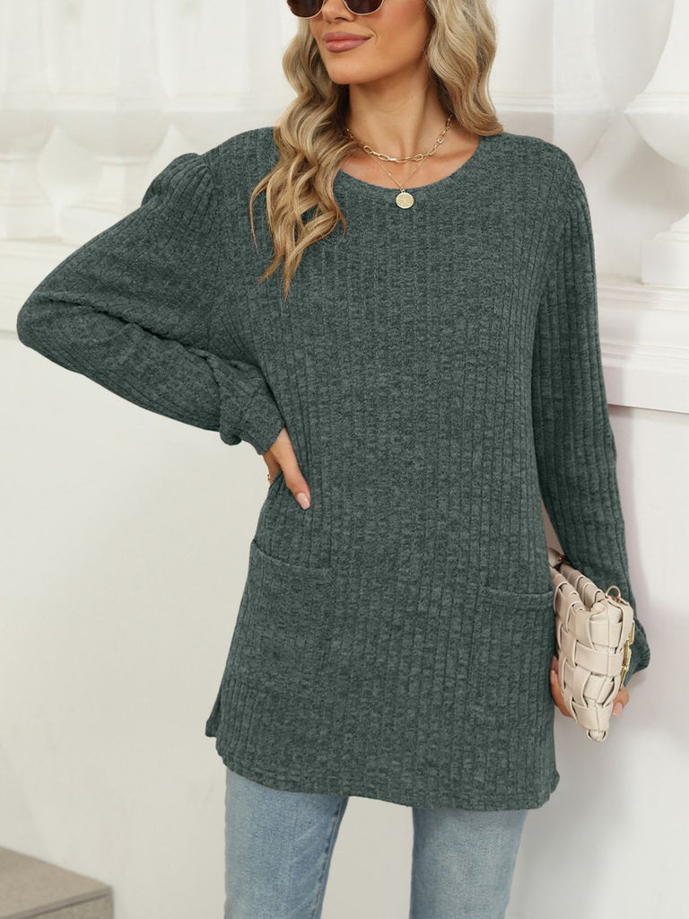 Pocketed Round Neck Long Sleeve T-Shirt-Timber Brooke Boutique, Online Women's Fashion Boutique in Amarillo, Texas