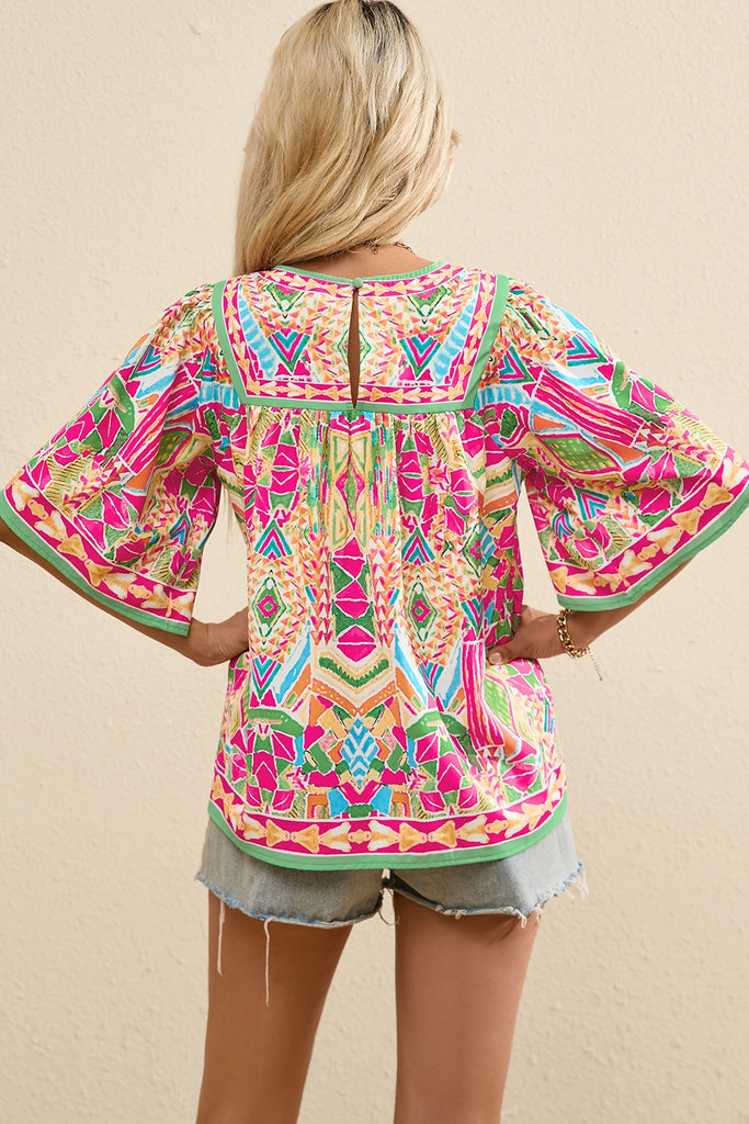 Printed Round Neck Half Sleeve Blouse-Timber Brooke Boutique, Online Women's Fashion Boutique in Amarillo, Texas