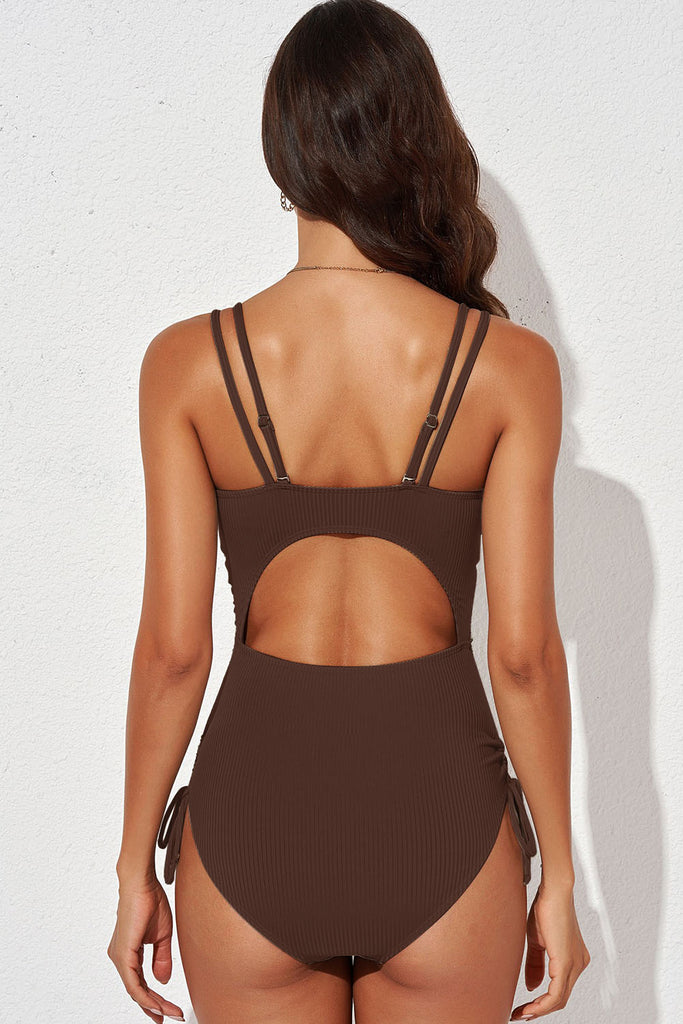 Tied Cutout Plunge One-Piece Swimsuit-Timber Brooke Boutique, Online Women's Fashion Boutique in Amarillo, Texas