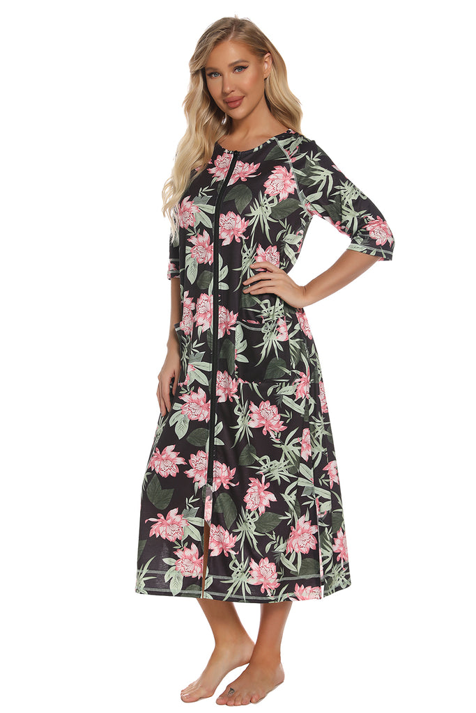 Printed Slit Night Dress with Pockets-Timber Brooke Boutique, Online Women's Fashion Boutique in Amarillo, Texas