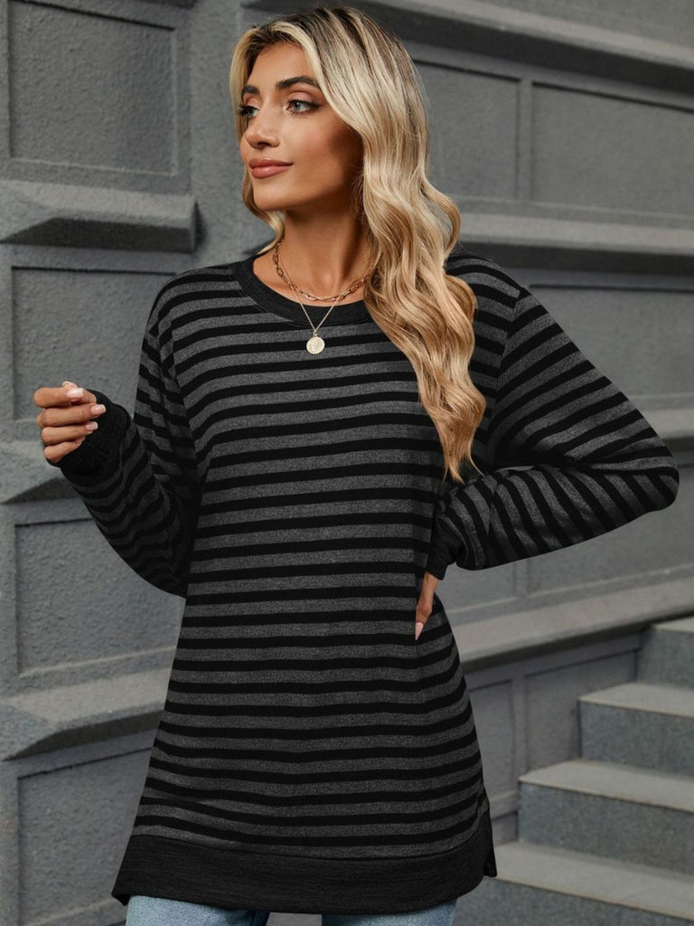 Striped Round Neck Long Sleeve T-Shirt-Timber Brooke Boutique, Online Women's Fashion Boutique in Amarillo, Texas