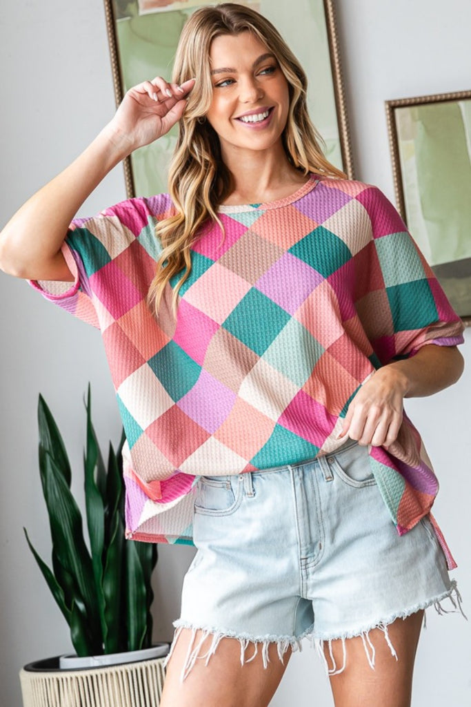 HOPELY Full Size Multi Colored Argyle Side Slit T-Shirt-Timber Brooke Boutique, Online Women's Fashion Boutique in Amarillo, Texas