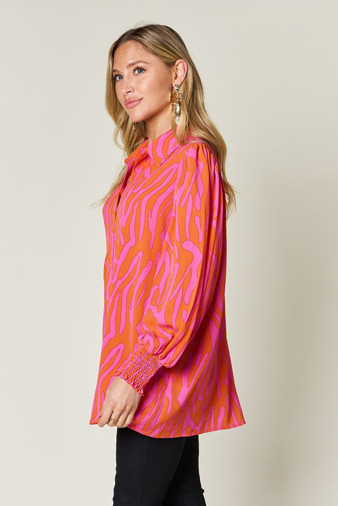 Double Take Full Size Printed Smocked Long Sleeve Blouse-Timber Brooke Boutique, Online Women's Fashion Boutique in Amarillo, Texas