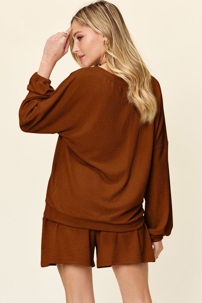 Double Take Full Size Texture V-Neck Long Sleeve T-Shirt and Shorts Set-Timber Brooke Boutique, Online Women's Fashion Boutique in Amarillo, Texas