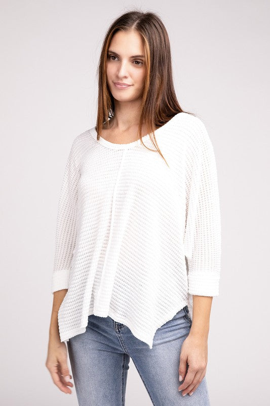 3/4 Sleeve V-Neck Hi-Low Hem Jacquard Sweater-Timber Brooke Boutique, Online Women's Fashion Boutique in Amarillo, Texas