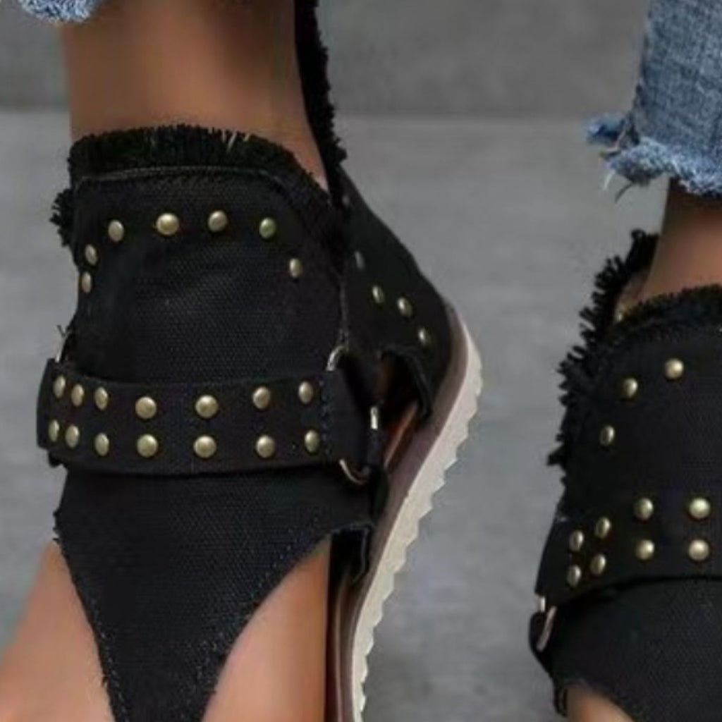 Studded Raw Hem Flat Sandals-Timber Brooke Boutique, Online Women's Fashion Boutique in Amarillo, Texas