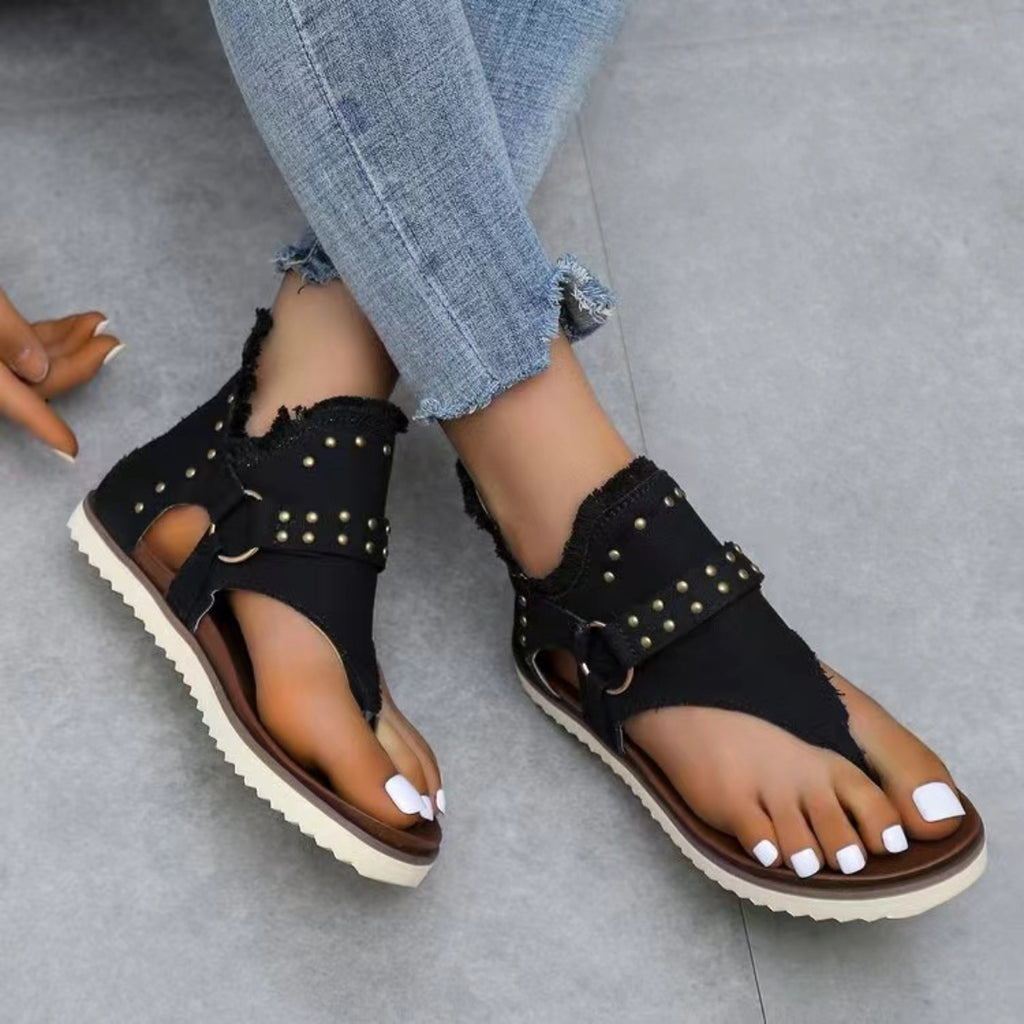 Studded Raw Hem Flat Sandals-Timber Brooke Boutique, Online Women's Fashion Boutique in Amarillo, Texas